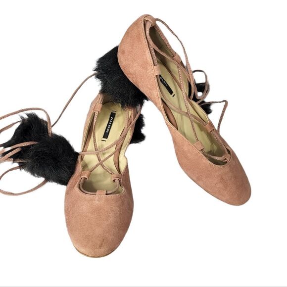 Zara Basic Collection Suede Pom Pom Fur Tie Lace Up Heels Blush 35 5 - Picture 3 of 7